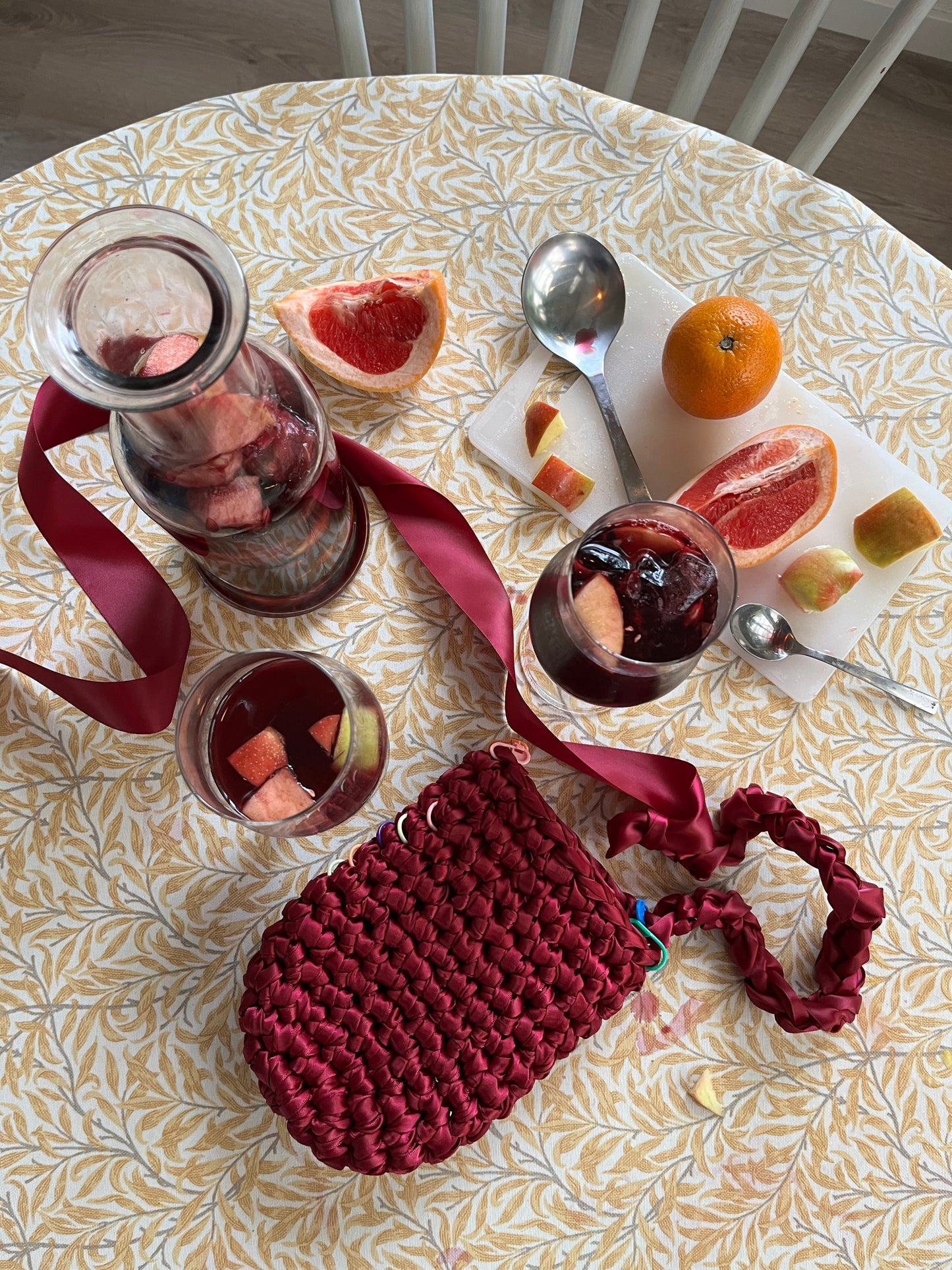 satin crochet bag in sangria red