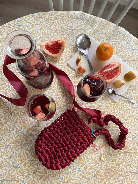 satin crochet bag in sangria red