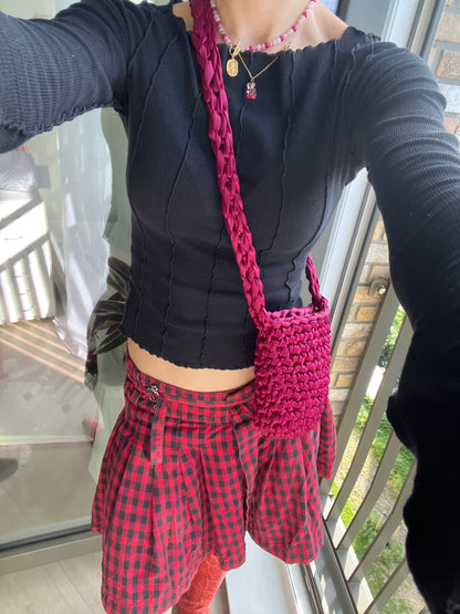 satin crochet bag in sangria red